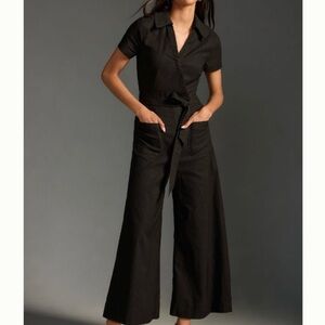 Maeve Black Colette Wrap Short Sleeves Collared Wide Leg Jumpsuit Size M
